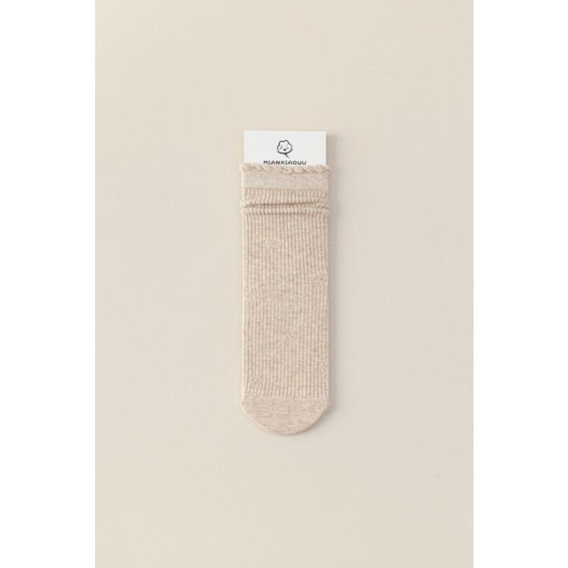 Simple Pure Cotton Boneless Black Fungus Lace Straight Mid-calf Socks for Autumn and Winter, Non-tight Loose Postpartum Socks, Pile Long Socks