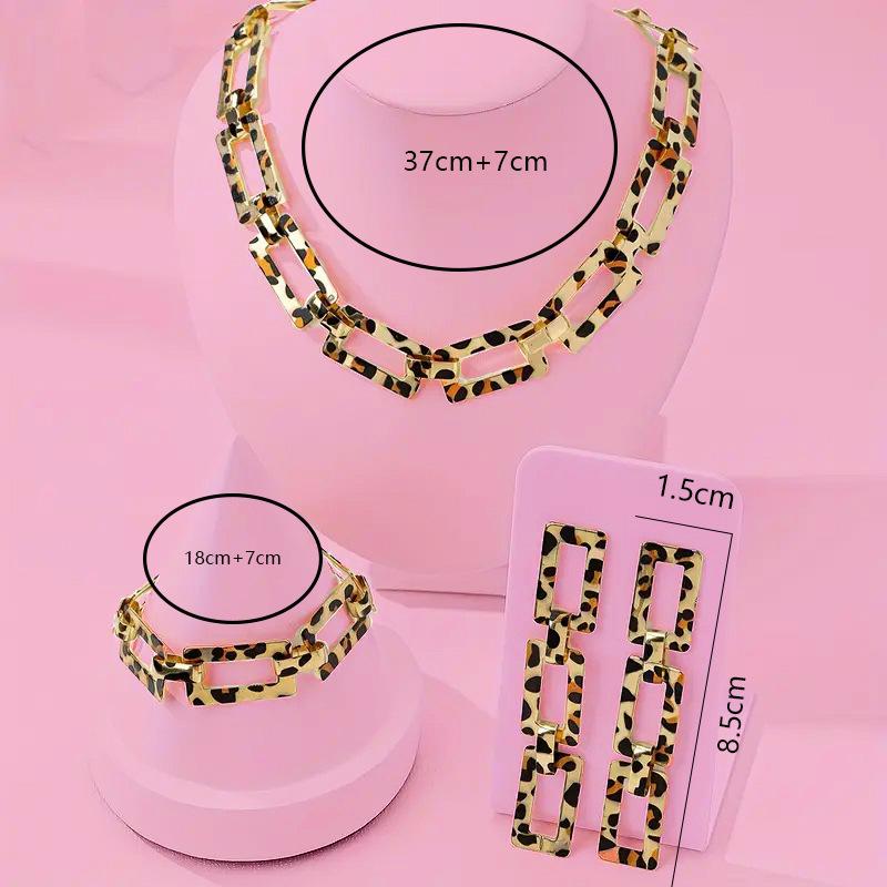 1 Square Chain Style Leopard Print Gold Necklace Bracelet Earring Set