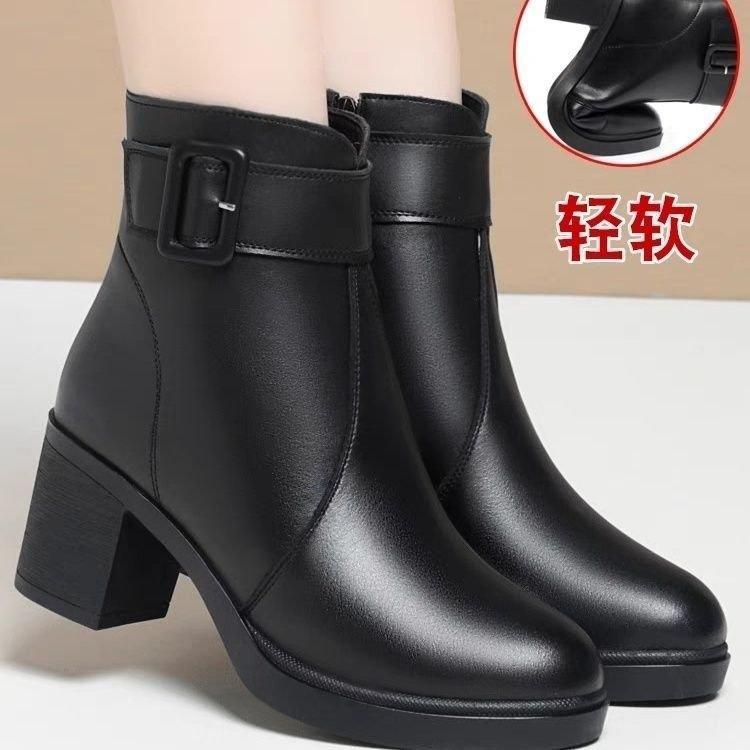 Soft leather medium heel short boots women's 2025 autumn and winter single boots thick heel mother cotton shoes piled thickened cotton boots Marti
