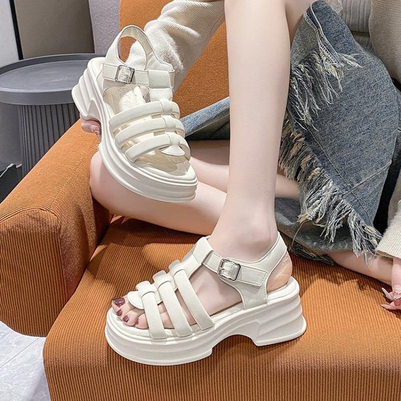 Fashion Women Thick Bottom Comfortable Roman Sandals Summer Fashion Open Toe High Heels Round Head Hollow Out Buckle Woven Shoes