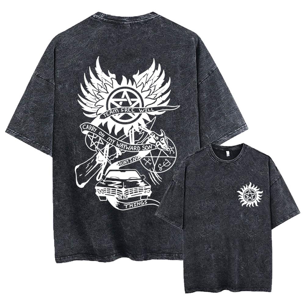 Hot Sale Supernatural Vintage Washed T-shirt Men Women Casual Retro Cotton T Shirts Unisex Casual Oversized T-shirts Streetwear