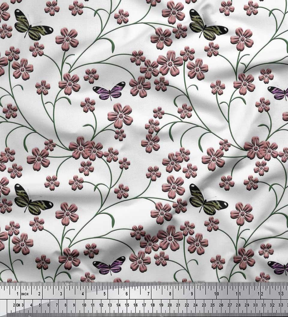 

Тканина для рукоділля з японським креповим атласом Soimoi, метелик і барвінок, тканина для рукоділля з квітковим принтом на метри 42 дюйми 42 Inch Wide - Poly Crepe білий