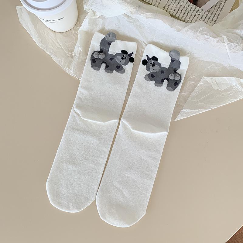 Women's Mid-Calf White Cotton Socks - Autumn/Winter 2025 Style, Odor-Resistant, Sporty, with Cute Egg Dog Design