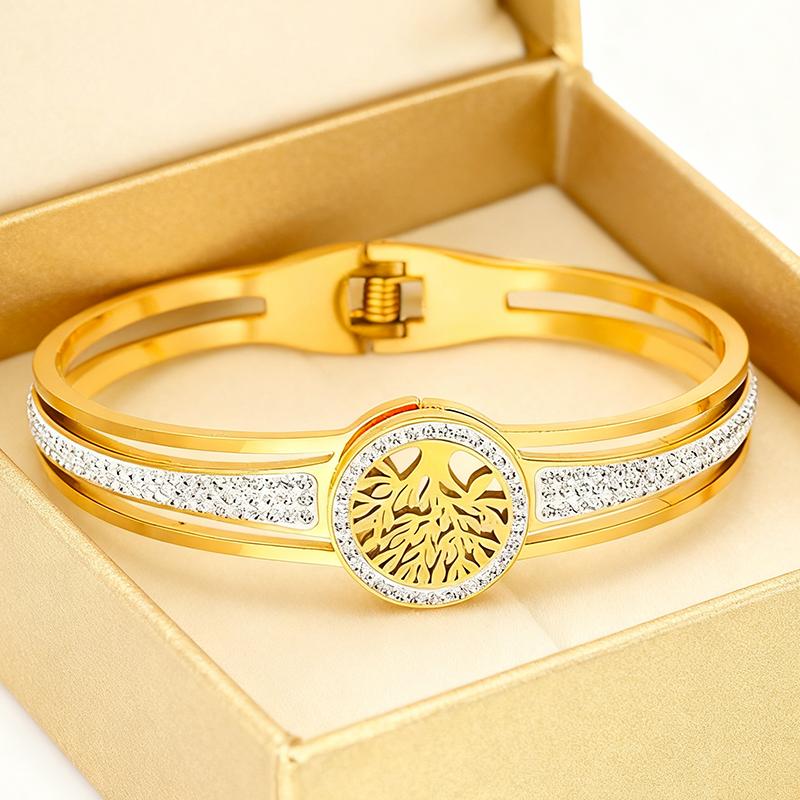 316L Stainless Steel Mud Crystal Micro Embedded Spring Hollow Life Tree Bracelet Women's Bangle