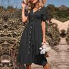 2024 Summer Women's Cotton Linen V-Neck Short Sleeves Buttoned Dress European American Style