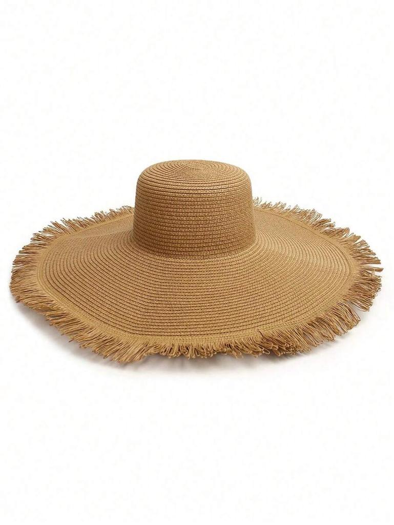 Womens Large Brim Woven Straw Sun Hat With Fringe Trim Bohemian Beach Hat Summer