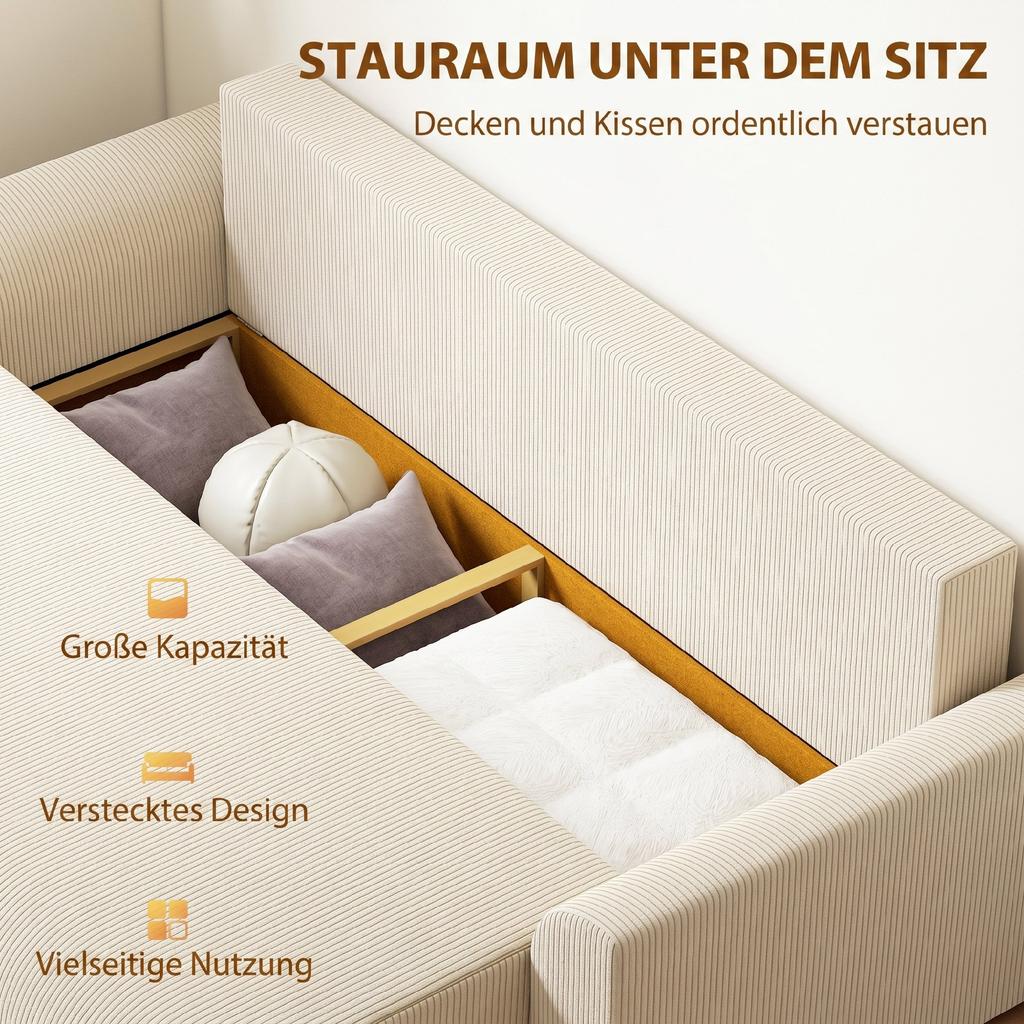 Sleeper Sofa 230 Cm 3-Seater Sofa with Sleep Function, Cushions, Storage, Corduroy Look for Living Room, Beige