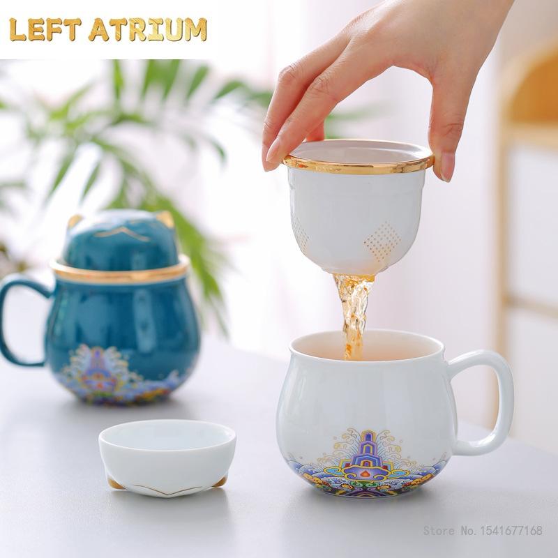 Chinese Cartoon Ceramic Cat Mug Office Teacup with Cover Separated Tea Cup for Tea Gift Cup 320ml , 1Pc