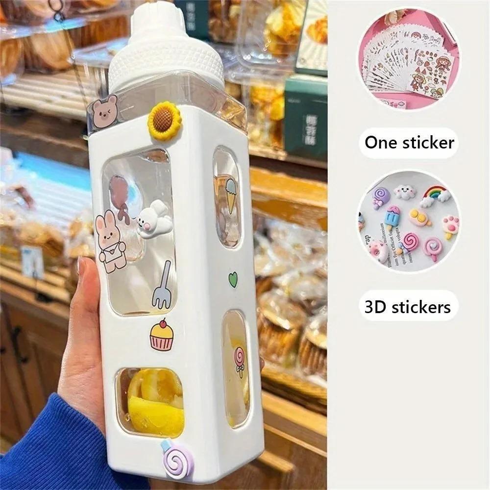 1pc Kawaii Water Bottle with Straw and DIY 3D Cute Stickers BPA-Free Plastic Square Water Cup Portable Drinkware for Camping 12