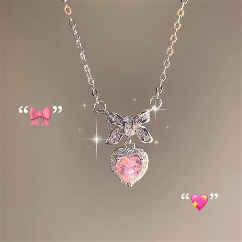 Girl Heart Bowknot Love Zircon Necklace Elegant Women Clavicle Chain Light Luxury Niche Necklace High-End Jewelry Accessory Gift