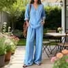 Women Linen 2 Piece Sets Summer Long Sleeve V Neck Shirts Matching Wide Leg Pants Lounge Sets Casual Beach Vacation Outfits