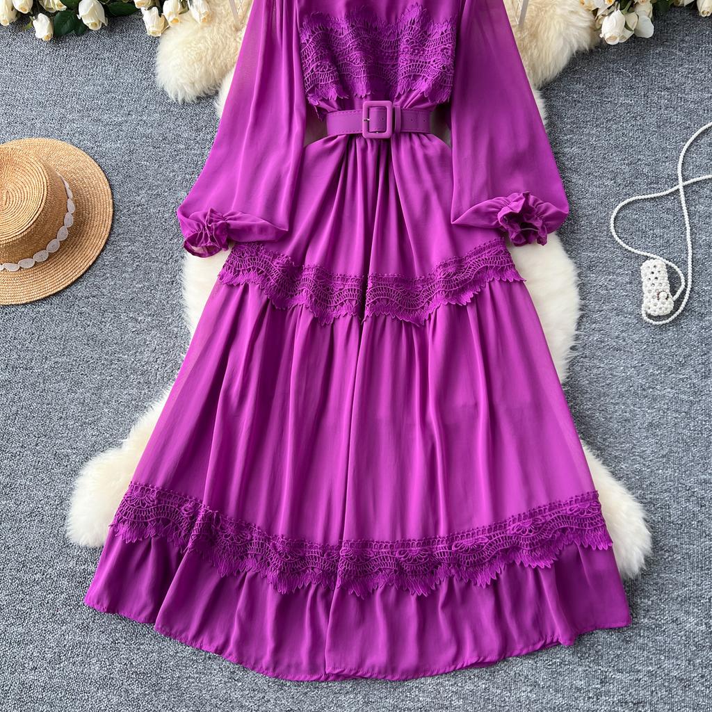 French O Neck Cut Out Lace PATCHWORK Lantern Sleeve Korean Fashion Dress Women's Summer Waist Sweet Dresses