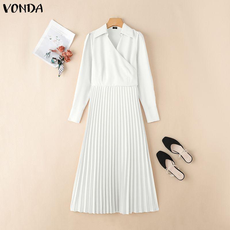 

VONDA Женское повседневное платье с отложным воротником, запахом спереди, свободное, с длинным рукавом и плиссировкой 5XL белый
