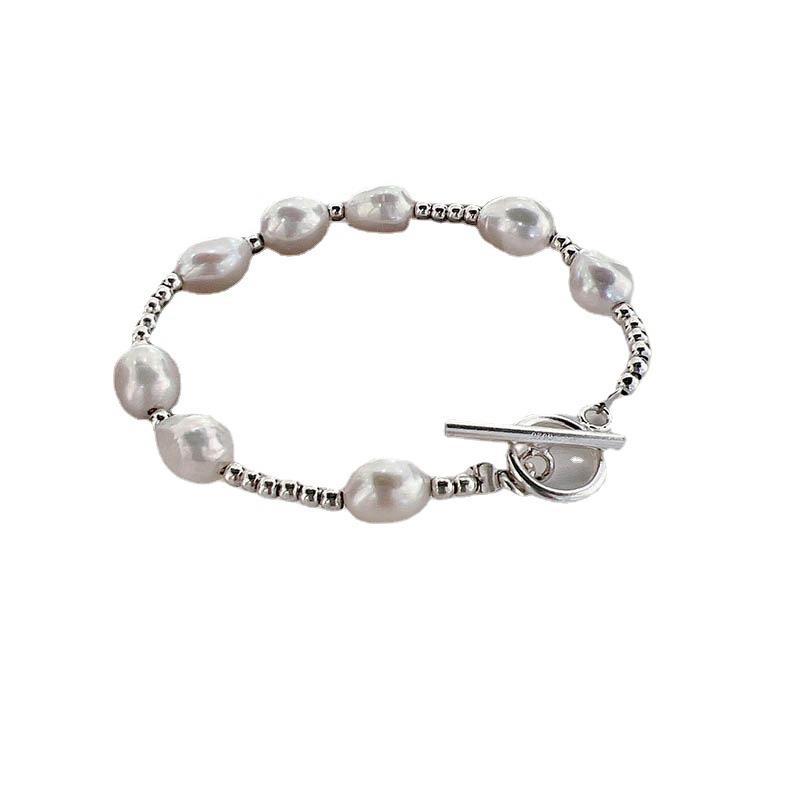 Stainless Steel Round Bead Irregular Freshwater Pearl Bracelet with T-shaped Clasp, Stylish and Elegant Jewelry Accessory