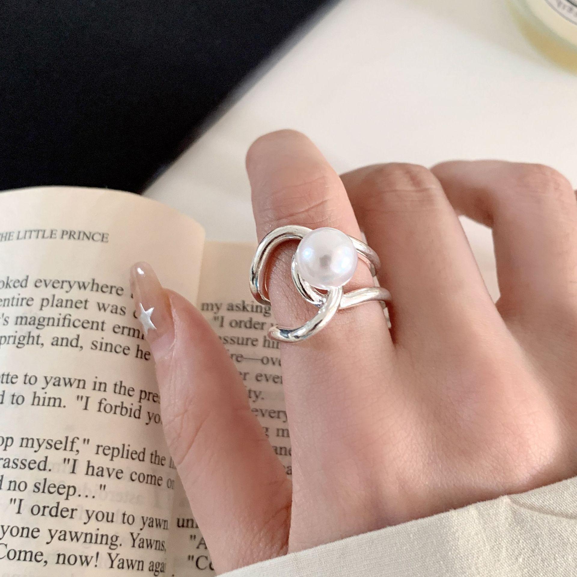 Korean Geometric Faux Pearl Adjustable Ring for Women Adjustable Open