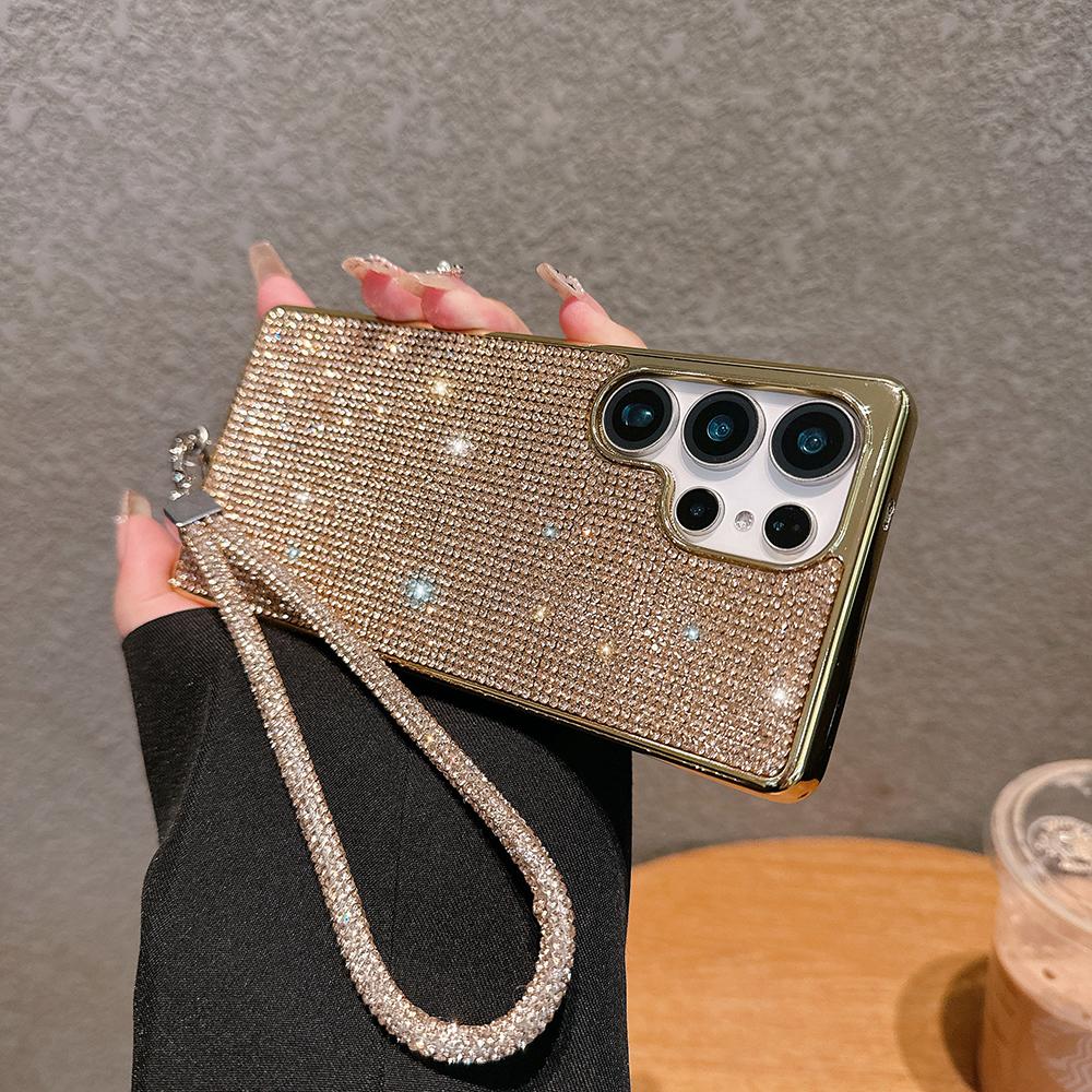 Custodia Lussuosa in Pelle con Diamanti Bling per Samsung S25 Ultra S24 Plus S23 S22 S21 S25U Copertura Protettiva con Glitter Bling Tracolla