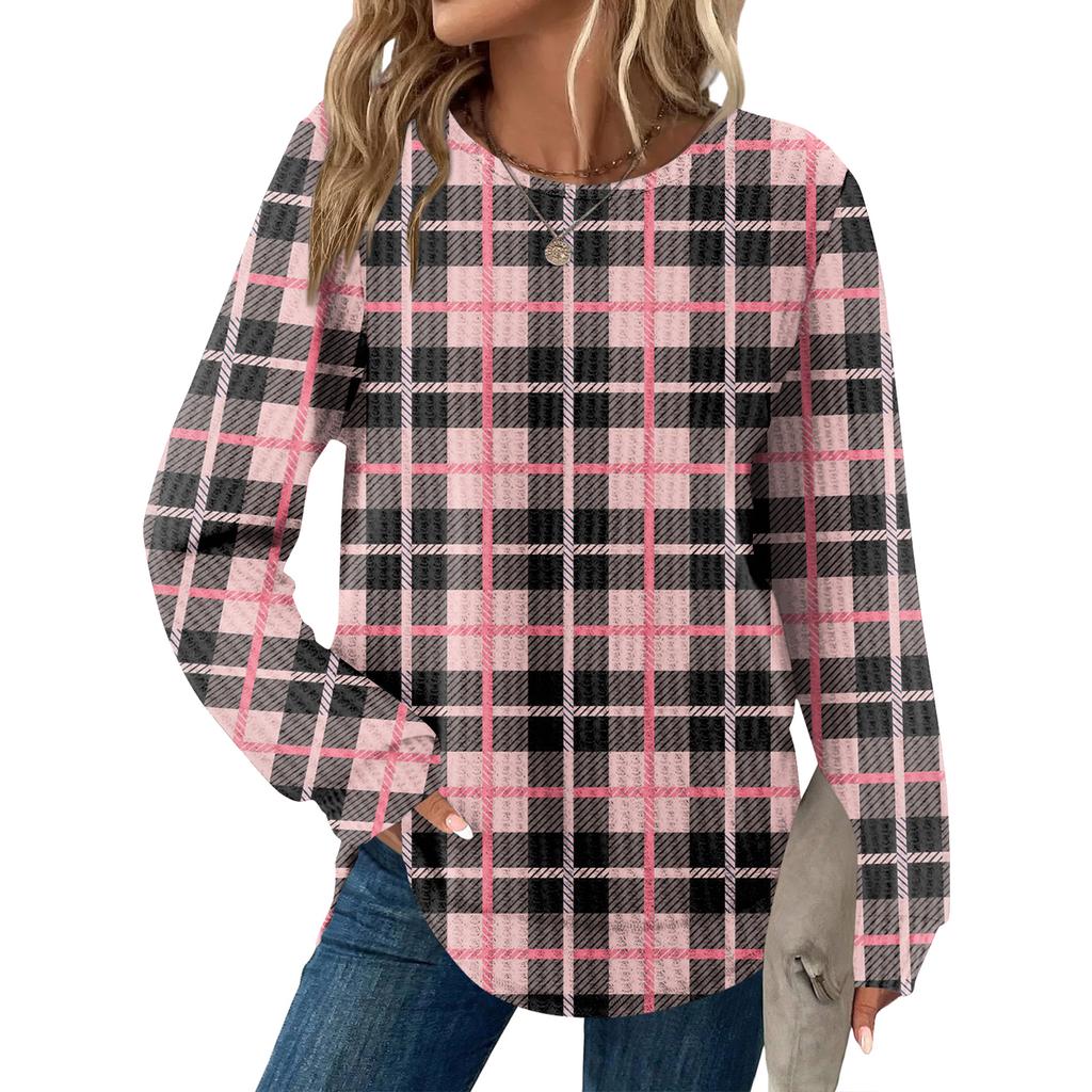 Women's Plaid Print Round Neck Long Sleeve Casual Loose Top
