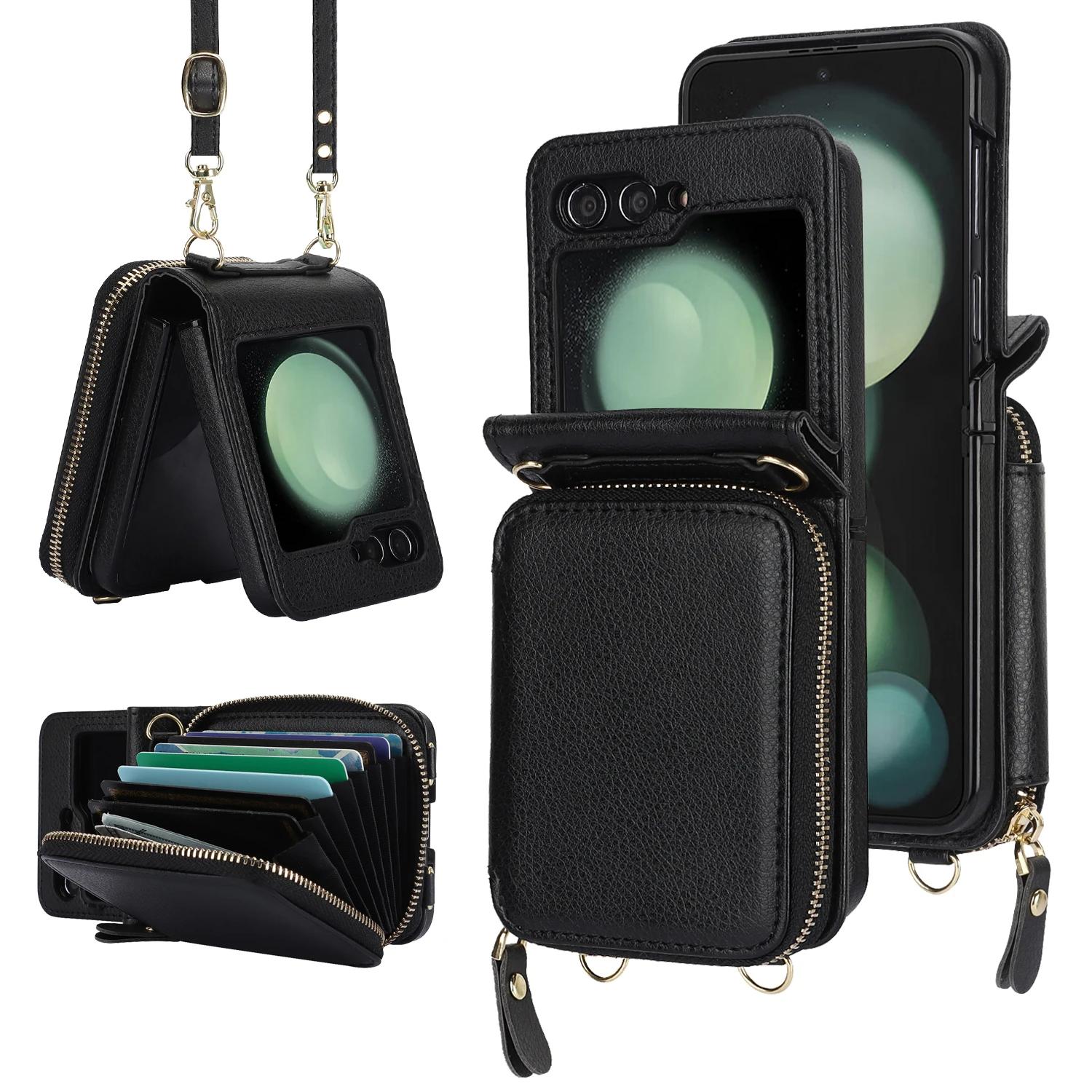 Crossbody Cards Solt Leather Wallet Case For Samsung Z Flip 7 6 5 4 3 5G Flip7 Zipper Purse Bag Long Lanyard RFID Pocket Cover For Samsung Z Flip 5 чёрный