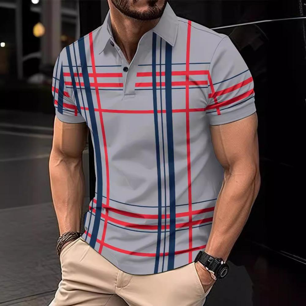 Herrars vardaglig randig tryckt pikétröja med kort ärm och slag