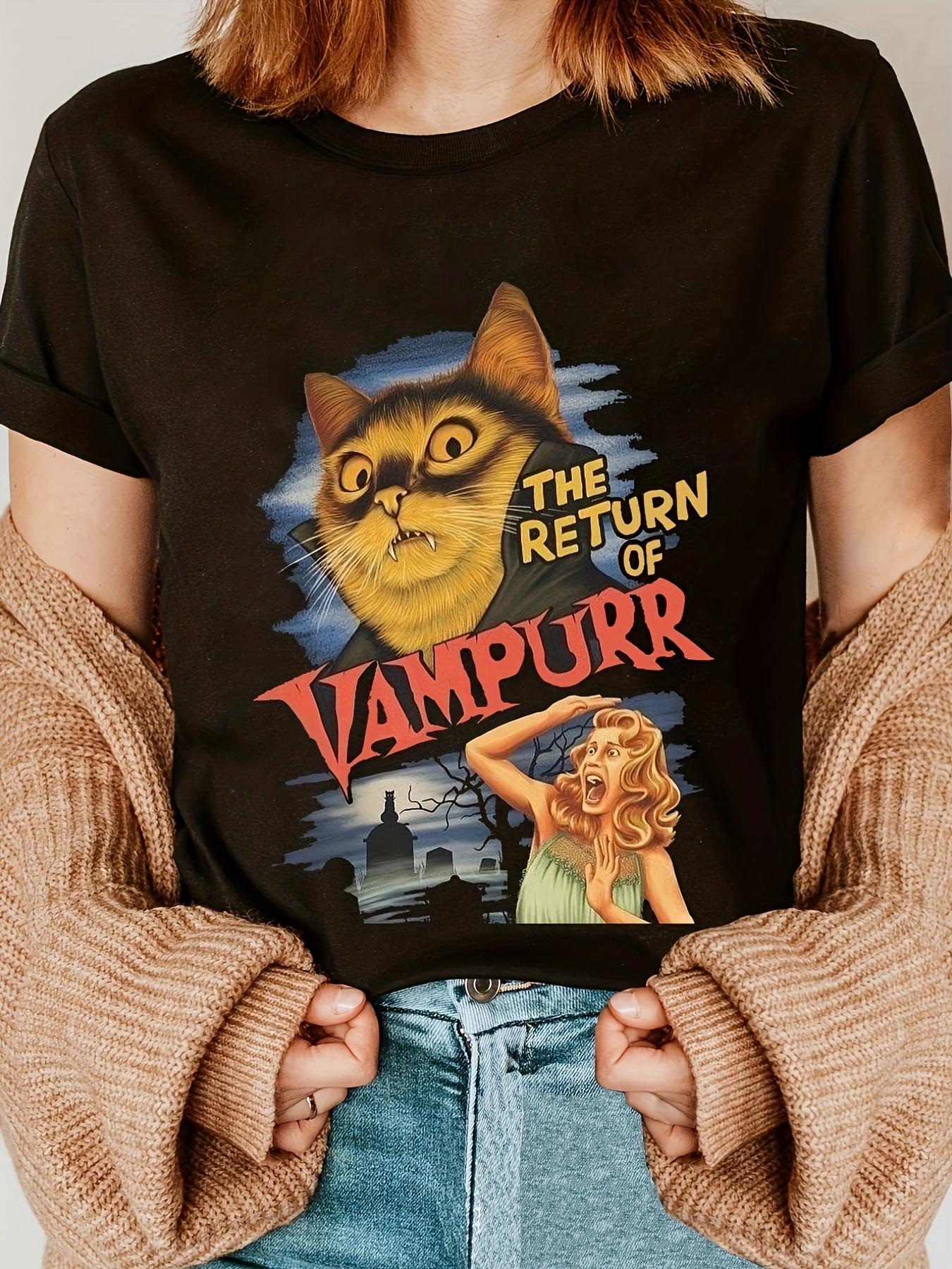 

Женская винтажная футболка большого размера с принтом кошки «Возвращение вампира» Ретро-дизайн Повседневная футболка с круглым вырезом и коротким рукавом Всесезонная 4XL