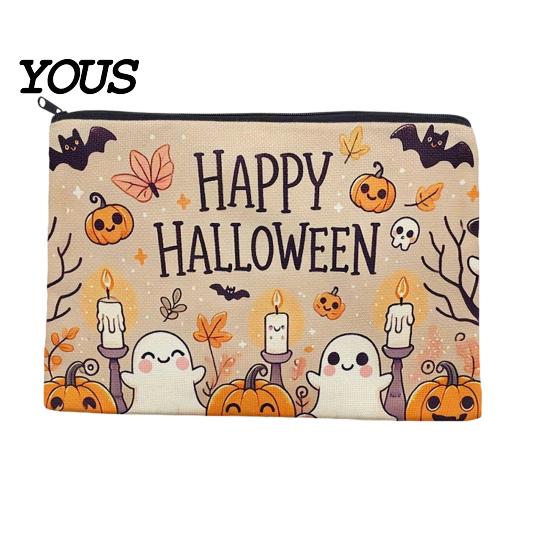 Themed Cosmetic Travel Bag Storage Bag, with Halloween Pumpkin Ghost Print, Smooth Festive Desktop Zipper Canvas Makeup for Organizer