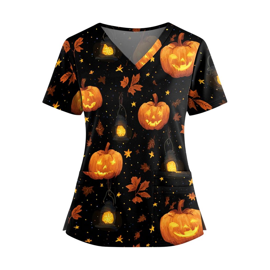 Women V Neck Short Sleeve Top with Dual Side Slits and Pockets Halloween Themed Printed Shirt for Professional Use