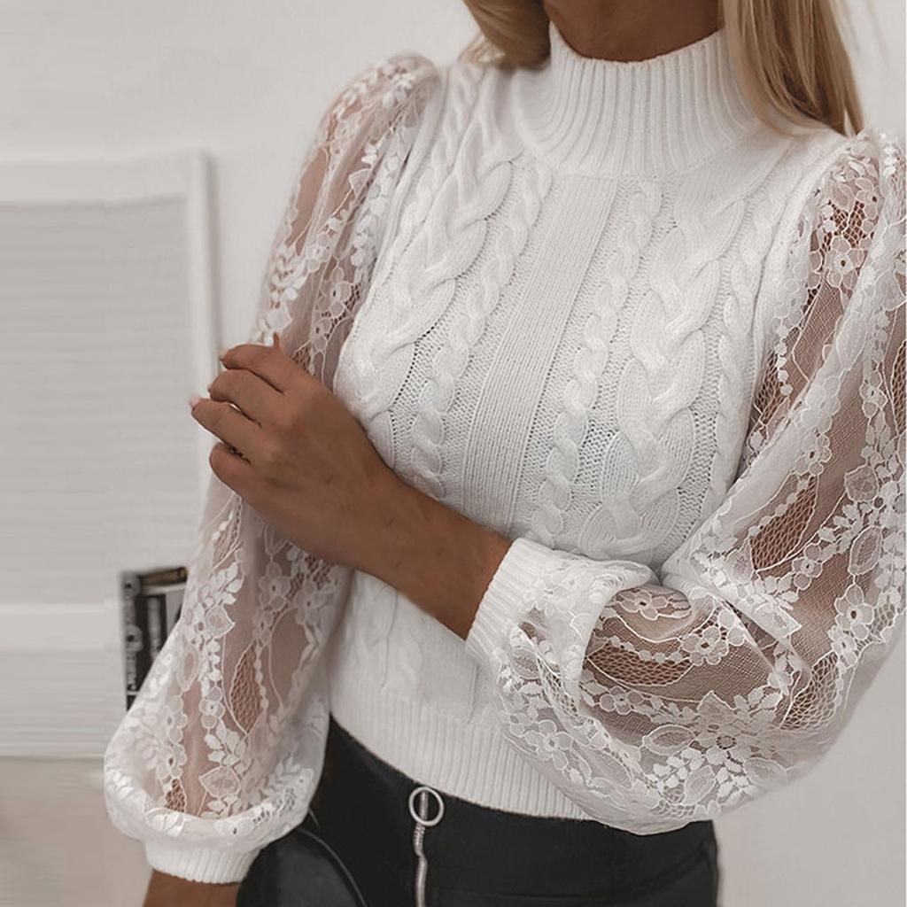 Women  Loose Casual Solid Stitching Long-Sleeved Knitted Lace Sweater