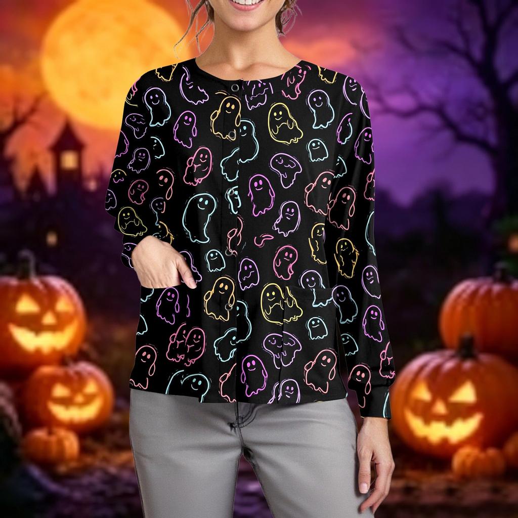 Women's Halloween Print Long-Sleeve Button-Down Cardigan, Single-Breasted Casual Top for Fall Parties and Everyday Wear, Lightweight