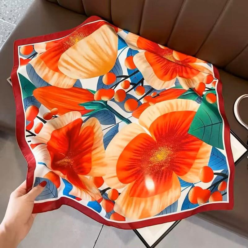 70x70cm Lightweight Cotton Silk Square Scarf With Boho Floral Print Breathable Neck Wrap Women