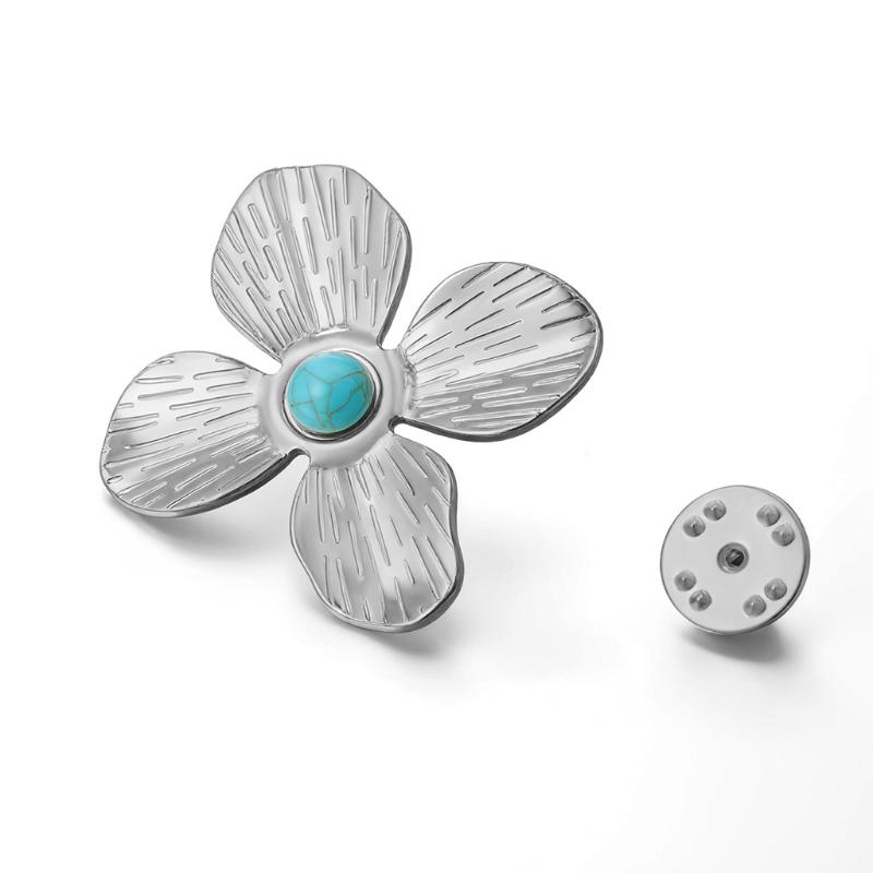 Womens Jewelry Four Petal Flower Brooch French Style Stainless Steel Gold Color Trendy Pin for Wedding Office Gift