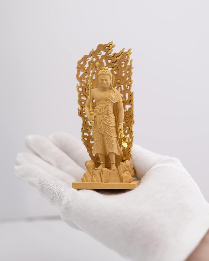 Drobná zlatá hliněná dřevěná ozdoba Buddha Fudo Myoo Fudo Myoo 11,5 cm (Dřevěný buxus, povrchová úprava)Socha Buddhy, postava, řezba, (GSB