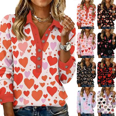 Women's Retro Street Lazy V,neck Long Sleeve Button Valentine's Day Heart Pullover Top