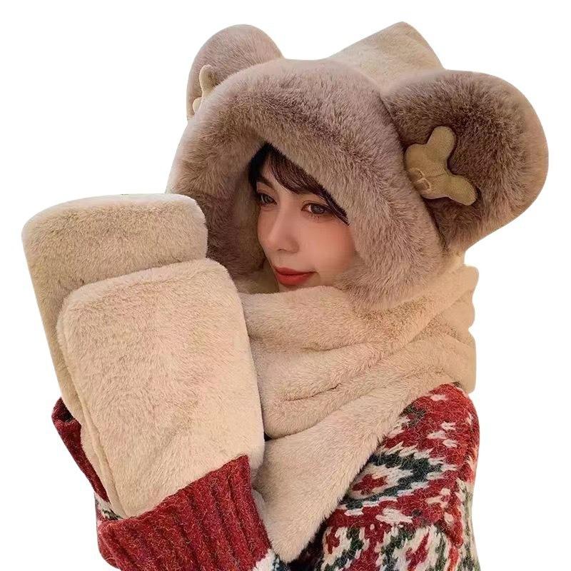 Winter Warm Plush Bear Hat Scarf Gloves Hat Plush Thickened Three-piece Set Scarf Integrated