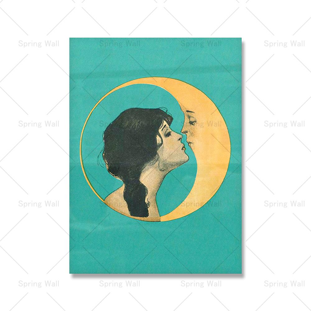 

Винтажная девушка целует луну, холст, художественный принт, «Человек на Луне», художественный декор, античное лицо Луны, настенный художественный постер, картина на холсте 21x30cm No Framed