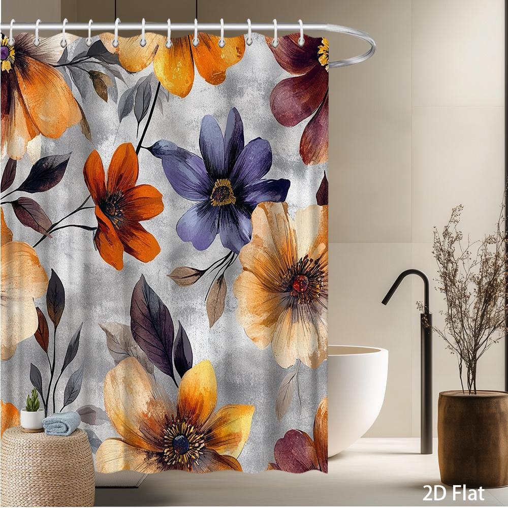 

Modern Botanical Shower Curtain – Orange Yellow Purple Floral Design, Boho Farmhouse Decor, Machine Washable, 59x70.8in 90x180cm35x71in