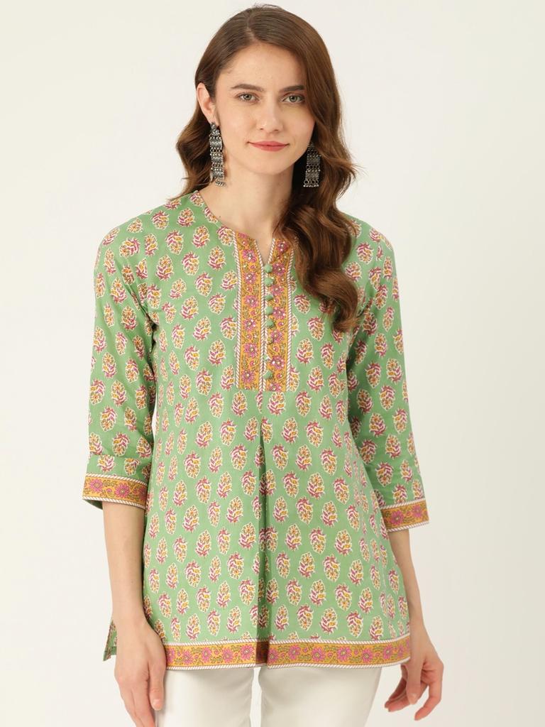 Green Printed Sequinned Pure Cotton Kurti