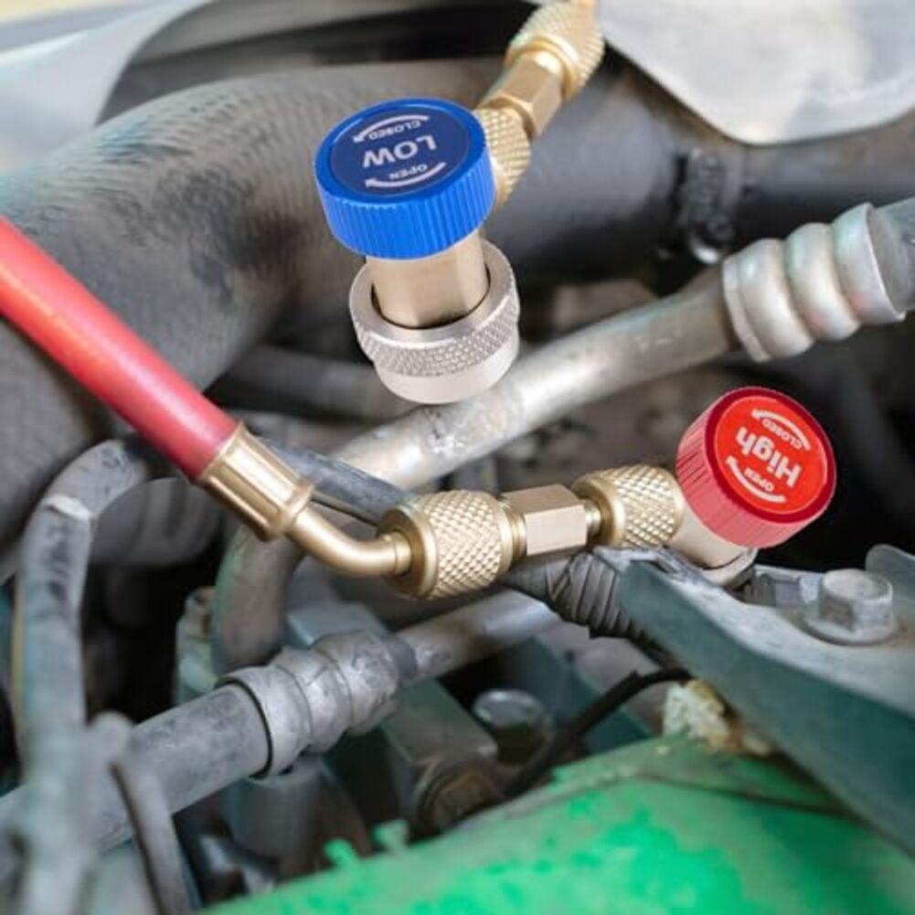 R134A Adapter Hose Set 2PCS for Automotive AC System Maintenance with High and Low Pressure Couplers for Recovery and Charging