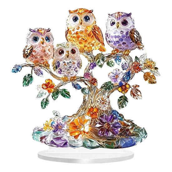 Owls Perched Tree Ornament Decoration with Base 2D Acrylic Owl Colorful Owl Flower