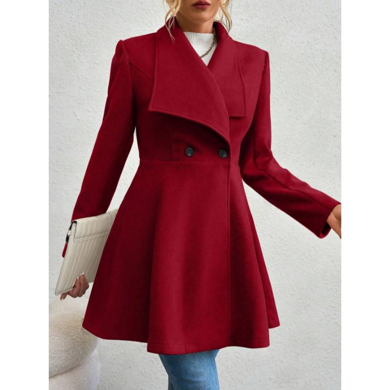Women's Mid-Length Wool Blend Coat, Autumn Winter Wide Lapel Double Button Outerwear, Slim Fit Elegant Ladies Chic Notched Collar Overcoat