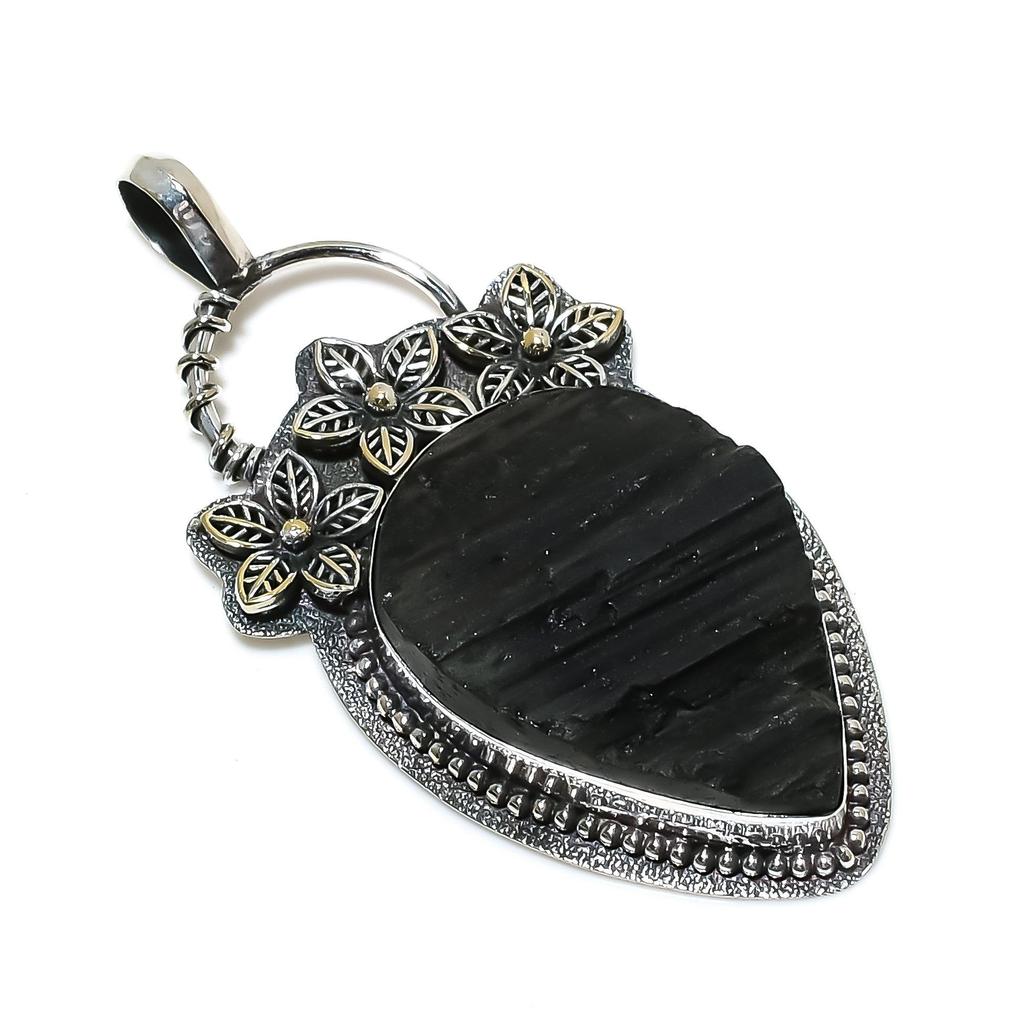 Natural Black Tourmaline Gemstone Silver Pendant In 925 Sterling Silver- Handmade Flower Design, Everyday Wear Jewelry, Unique Pendant Birthday Gift