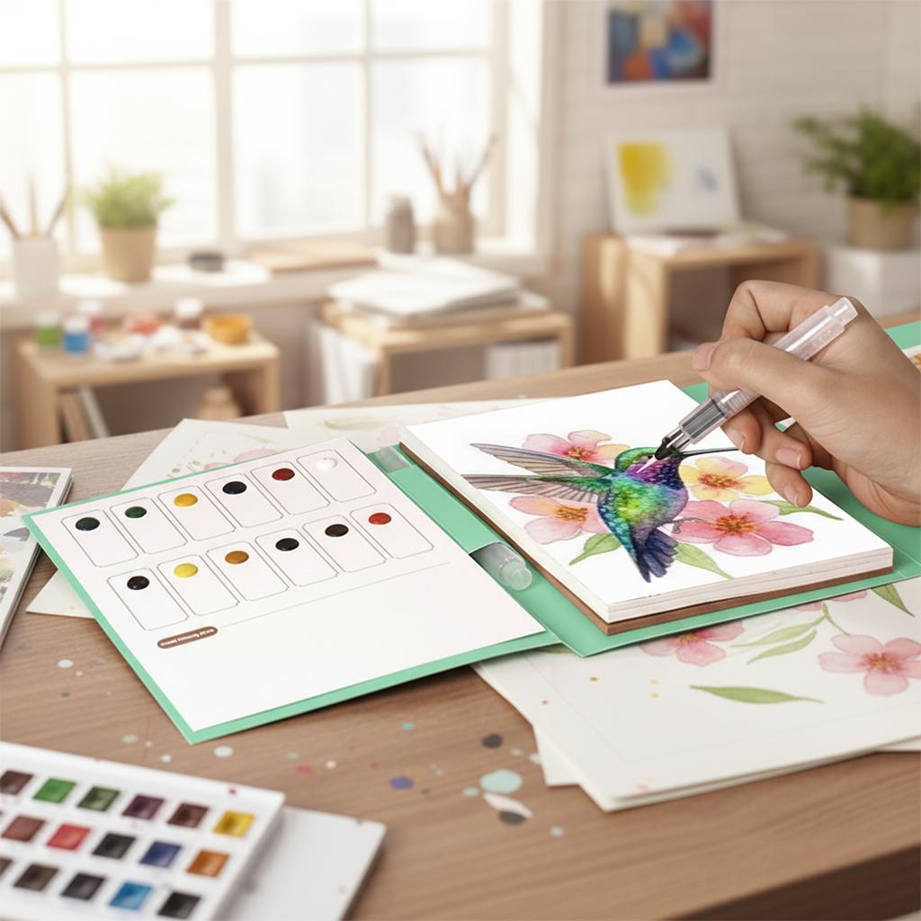 Water Color Paper Book Paint Set with 12 Colors Paint Cakes and Brush Watercolor Workbook Kids Graffiti Drawing Art Stationery