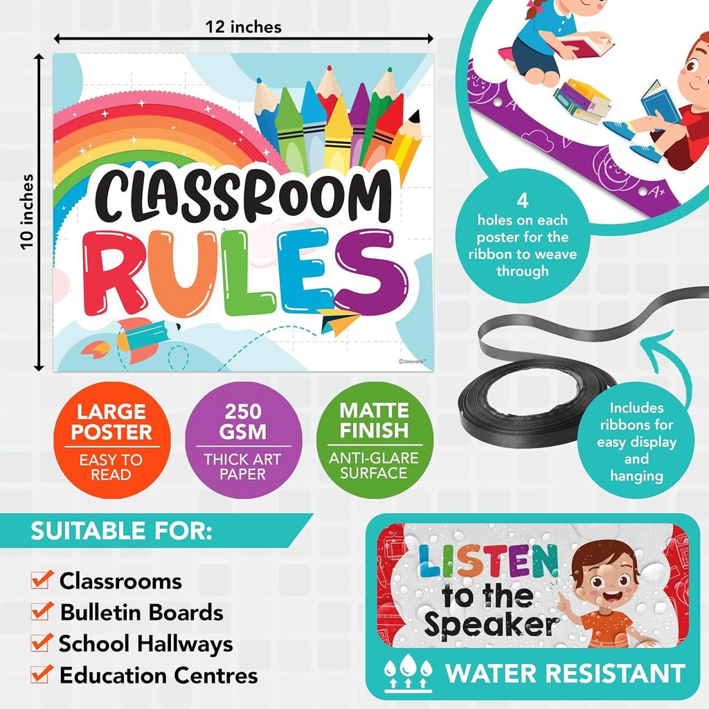 Decorably 12 Hanging Colorful Classroom Rules Poster Set with Accompanying Ribbon, 12x10in Matte-Laminated pirational Classroom Rules Elementary