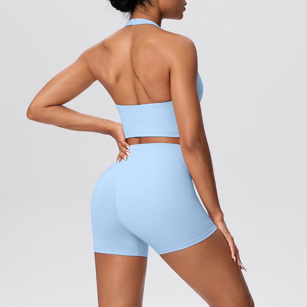 Solid Color Halter Sports Bra & Shorts Fitness Set