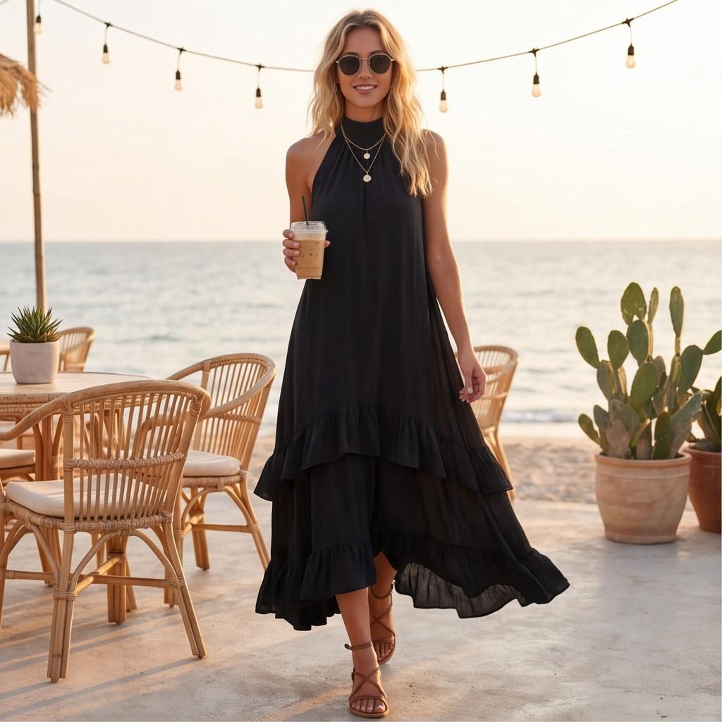 Women's Summer Retro Elegant Casual Round Neck Sleeveless Ruffled Midi Beach Dress