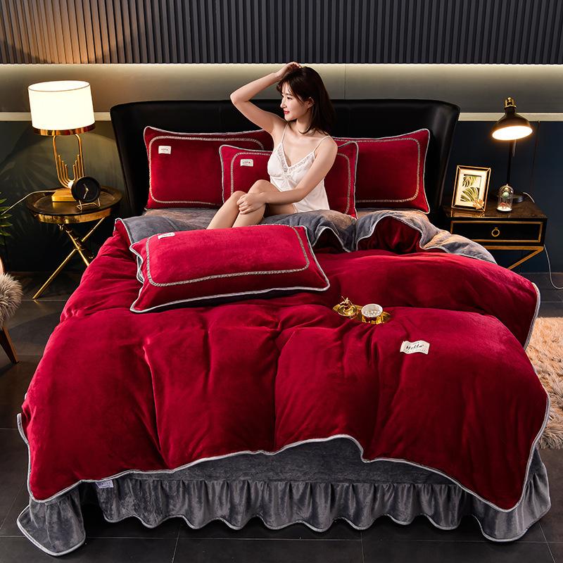 Solid color milk fleece four-piece set, winter thickened warm student dormitory bed sheet four-piece set
