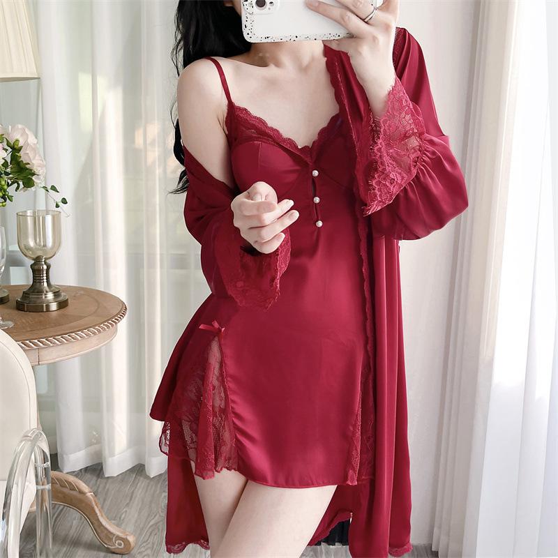 Dámská noční košile a župan Set Noční košile Sexy Patchwork Krajka Intimní spodní prádlo Noční košile Růžový satén Svatba Šaty Volné domácí oblečení