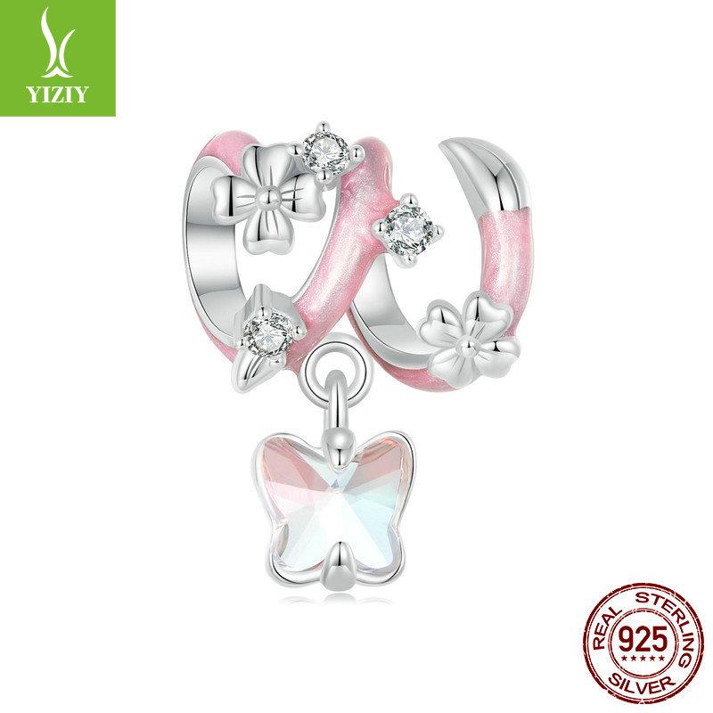 Pink Butterfly Love Flower Diy Pendant Accessories, Sweet And Elegant Butterfly S925 Sterling Silver Bracelet Beaded.