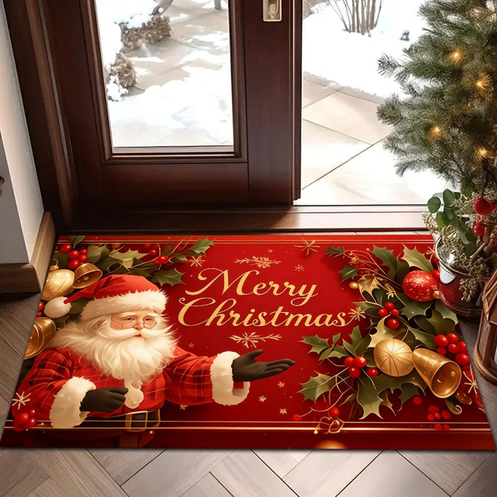 Christmas Doormat Non‑Slip Front Door Rug Washable Indoor Outdoor Xmas Santa Holly Berry Winter Entrance Decor Mat