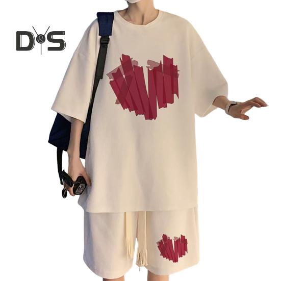 2Pcs/Set Men Summer Outfit Round Neck Short Sleeve Tops Wide Leg Shorts Set Heart Pattern Loose Fit Tracksuit