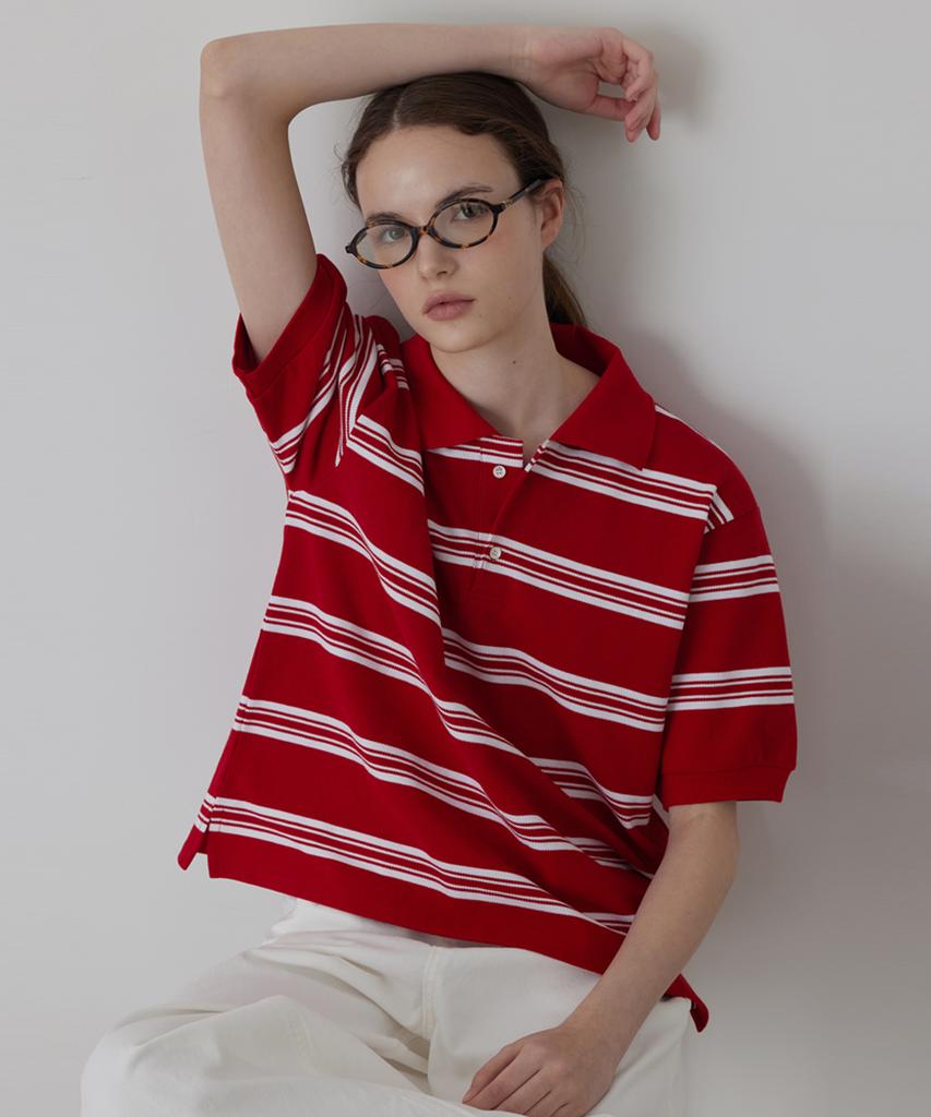 Kwinseulaebis Stripe Collar Half Sleeve Pk T-Shirt_Red_2Colors